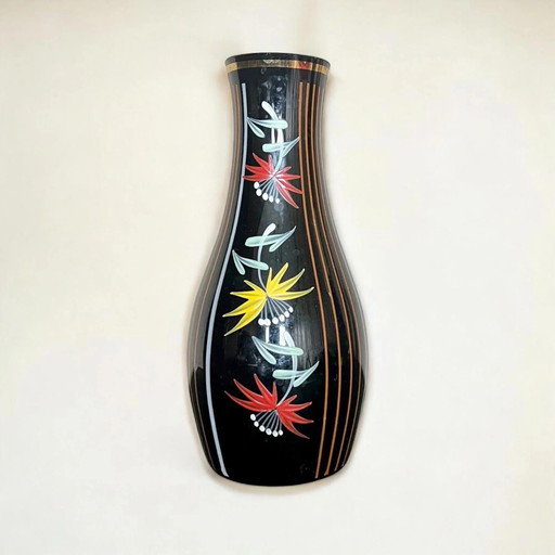 Rare! Vase en verre noir peint à la main, style Mid-Century typique, excellent état, signé 213/5