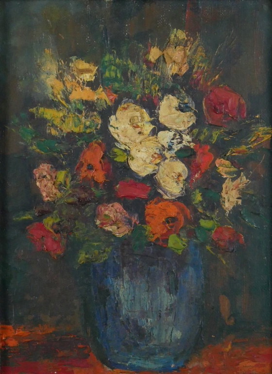 Image 1 of Mazzo di fiori - Olio su tela con cornice.