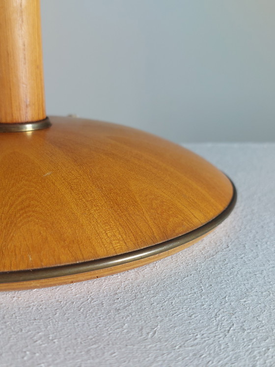 Image 1 of Vintage Temde wood brass 1950s table lamp basket shade