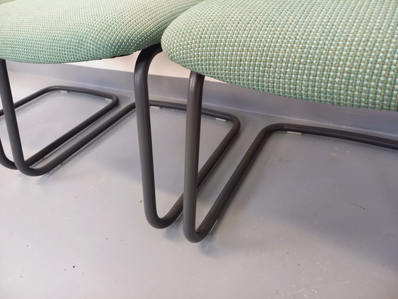 Image 1 of Suite of 4 Vintage Steelcase Style Marcel Breuer Cesca B32 Chairs in Dark Grey Metal and Green Fabric