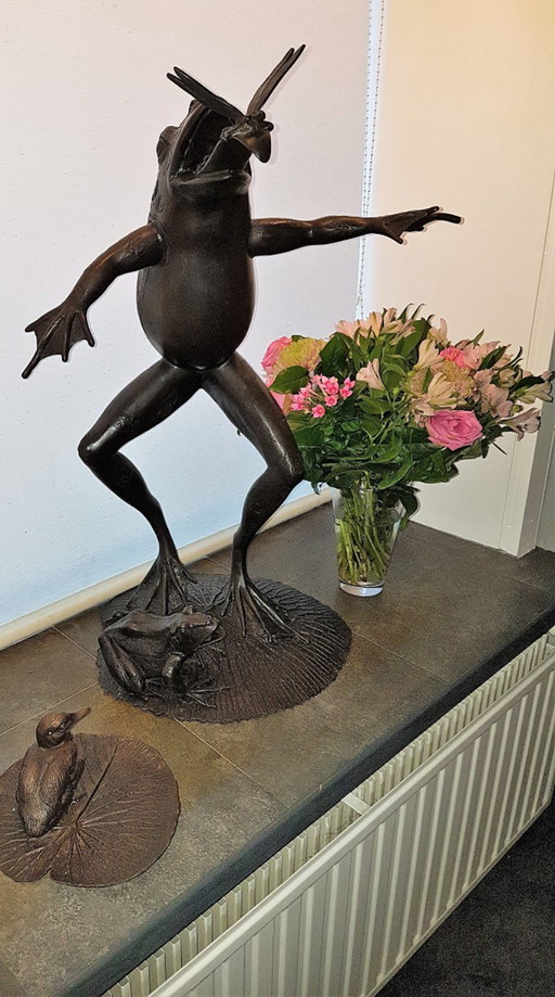 Bronze frog fountain with dragonfly