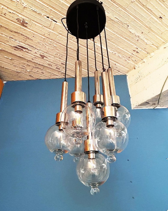 Image 1 of Lampada a sospensione vintage a 7 sfere – vetro soffiato e cromo – anni '70