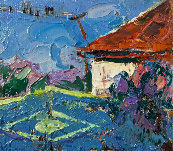 Image 1 of Original Oil Painting Summer Village Landscape Day beneath the sky