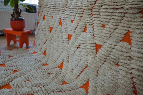 Image 1 of Handwoven Orange Cream Wool Rug With Checkered Pattern - 100% Natural Wool From Tunisia