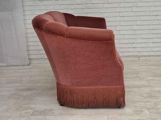 Anni '60, Divano danese 2 posti, velluto d'arredamento rosa originale. – Divani 2 posti, Velvet, Wood (photo 9 of 21)