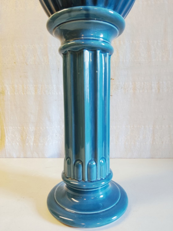 Kolom en wasbak in art-decostijl van blauw geglazuurd keramiek - midden 20e eeuw – Plantenbak, Ceramic (photo 8 of 10)