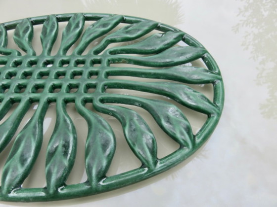 Image 1 of Large oval green enameled cast iron trivet, France, 1960s