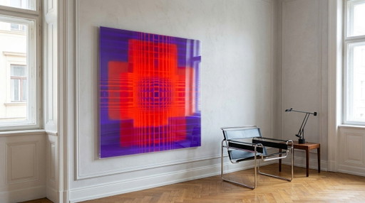Abstract color field painting, geometry – play of colors, neon | Fluorescent art | XXL 1.0 cm cast acrylic glass | 95 × 95 cm