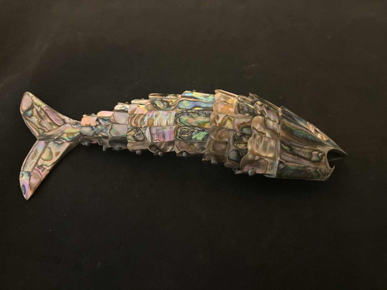Image 1 of Flesopener met beweegbare vis, Mexicaans vintage, parelmoer, abalone, verzamelbaar barartikel, MCM