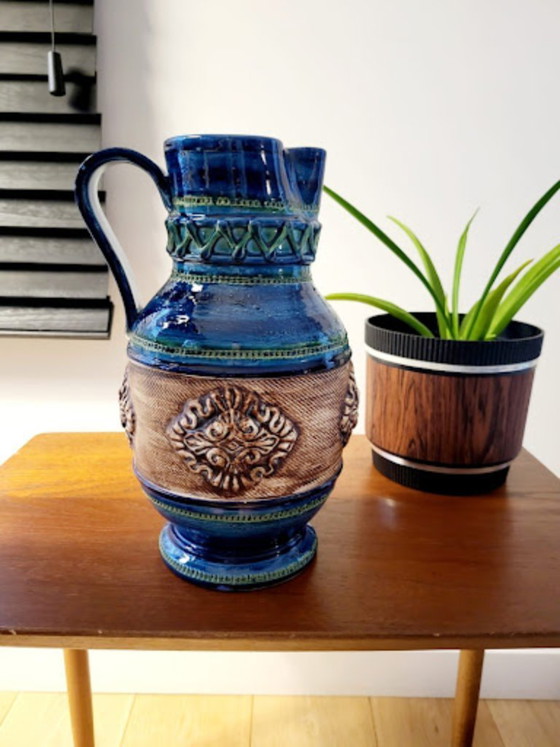 Image 1 of Blue ceramic jug in Bitossi style, 1960s in Italy