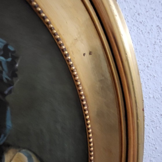 Image 1 of Large oval gold frame with bow, portrait, vintage