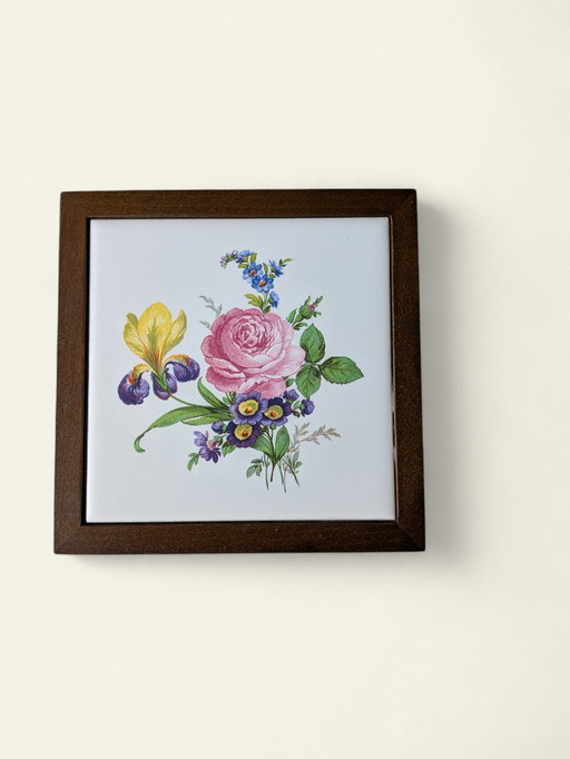 Rare vintage mini flower table with tile motif - rose blossom - 60s
