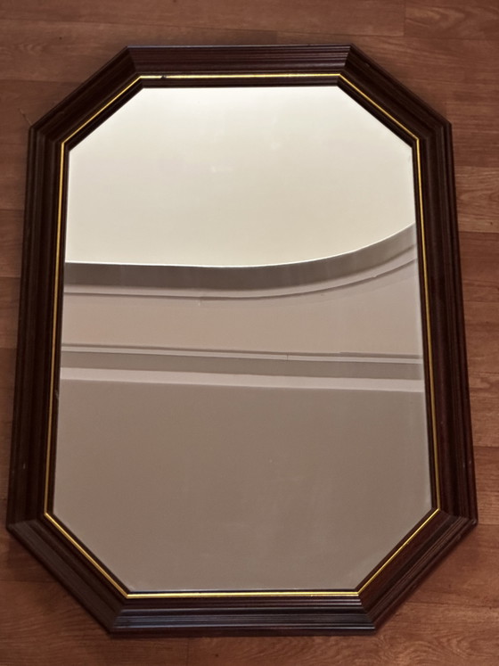 Vintage octagonal mirror in stained wood with a gold trim – 68 × 47.5 cm – Molduras Hergon, Glass (photo 3 of 15)