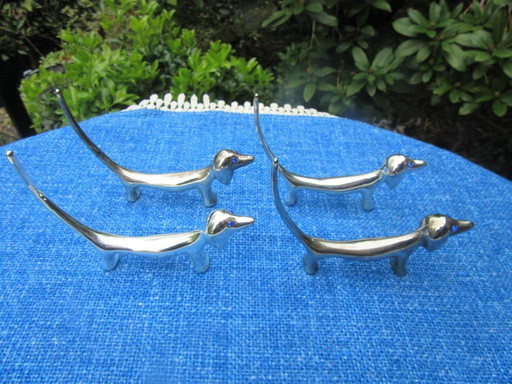 4 Silver Plated Knife Rests Dachshund Dog Long Blue Eyes Tail vintage