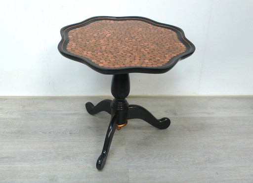 SIDE TABLE round unique piece in black + copper, with coin surface, solid wood Art Nouveau 1930s