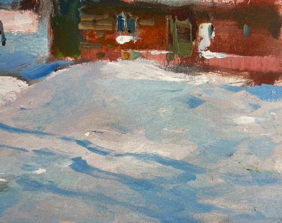 Image 1 of Dipinto ad olio originale Paesaggio di un villaggio innevato Spalare la neve dal cortile