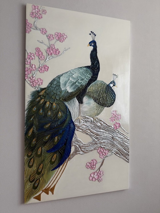 Image 1 of Gran cuadro de lujo con forma de pavo real para pared