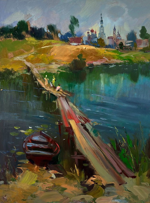 Original Oil Painting Rural Landscape Children Are Walking by the River – schilderijen tekeningen, Mdf