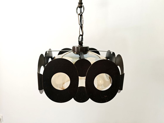 Image 1 of Lampe pendante vintage par Sijaj Hrastnik / Lampe suspendue Mid Century Modern / Lustre rétro géométrique en verre et marron, 19