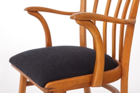 Pair of Vintage Beechwood Armchairs, 1960s–1970s, Dark Blue Upholstery, Mid-Century Modern Dining Chairs (photo 5 of 7)