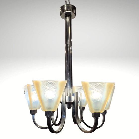 Image 1 of Deckenleuchte / Kronleuchter Atelier Petitot Paris, Glas und vernickeltes Metall, Art déco, 1930er Jahre – Frankreich