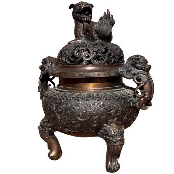 Chinese bronzen wierookbrander met Foo Dog deksel en leeuwenpoten – Decoratieve objecten, Klassiek (photo 4 of 8)