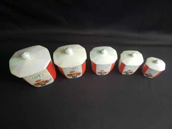 Set of 5 Vintage 1950s Kitchen Spice Jars, Kitchen accessories, Ceramic, Multi Color (photo 5 of 8)