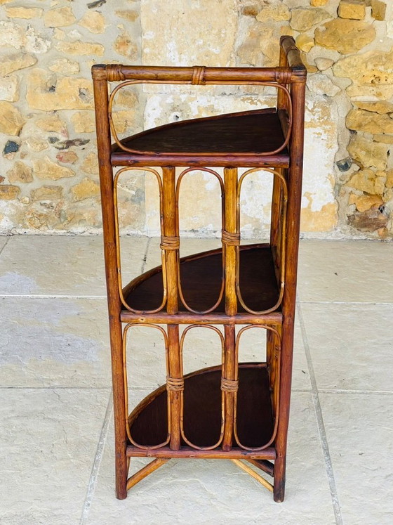 Image 1 of Mid-Century Bamboo & Rattan 3-Tier Corner Shelf, 1960s