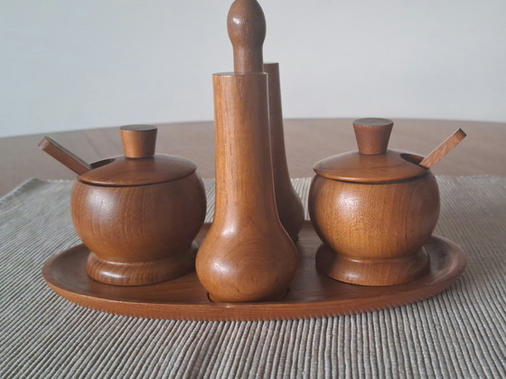 Image 1 of Mid-Century Teak Spice & Sugar Set – 6 Pieces – Vintage