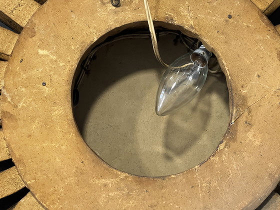 Image 1 of Espejo de sol de madera de doble cara con espejo convexo y lámpara, años 60. Montado en la pared.