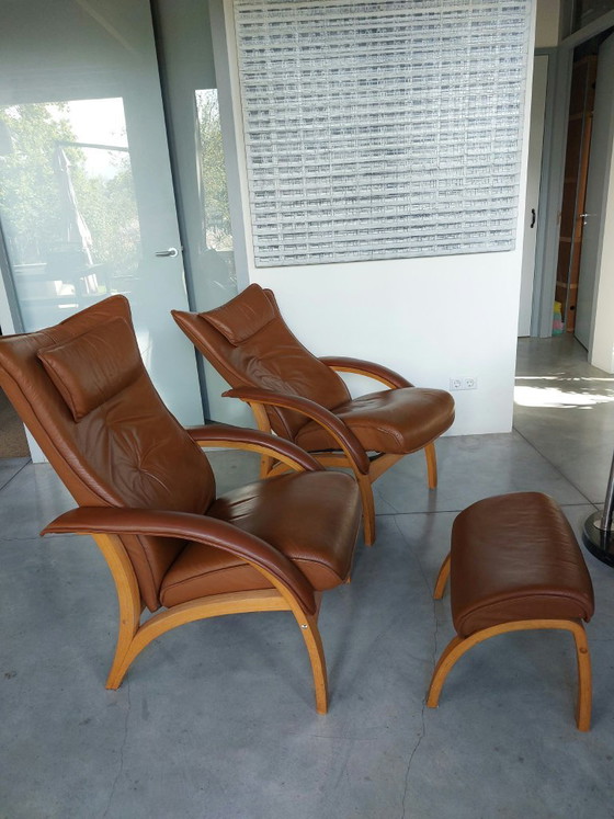 Set of 2 Brunstad Delta Adventure Chairs and Lounge Chairs with 1 Footstool, Leather, Wood, Beige (photo 2 of 12)
