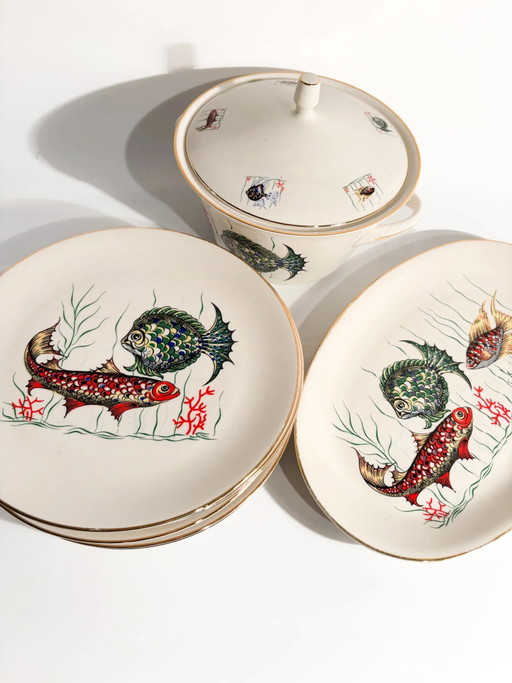 Servizio da tavola bavarese in ceramica degli anni '80 composto da sei piatti e zuppiera per pesce. (photo 2 of 14)