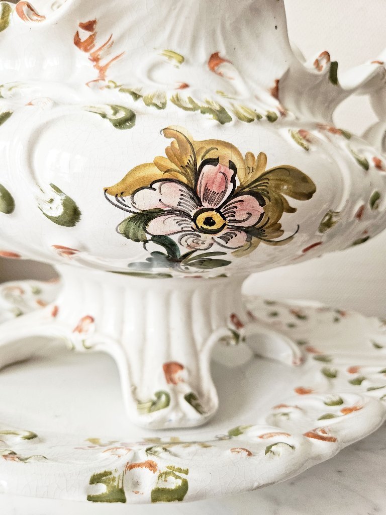 Large Bassano Italy White Earthenware Soup Tureen with Floral