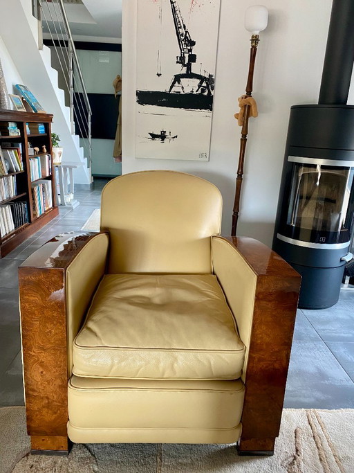 Ein prächtiges Paar Art-Deco-Clubsessel in vanillefarbenem Leder – fauteuils, Leather, Wood