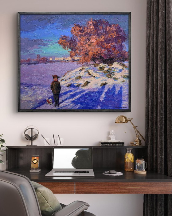 Original Oil Painting Winter Landscape City Outskirts Ice on the River – Paintings & Drawings, Canvas (photo 3 of 7)