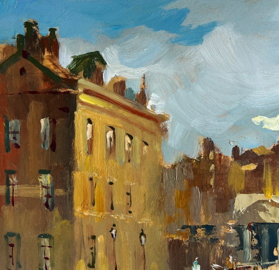 Image 1 of Original Oil Painting Gloomy City Landscape The heart of the city above the river