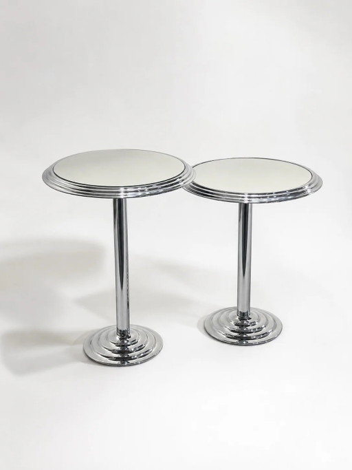 Set van twee chromen bijzettafels met spiegelblad, jaren 80 – Postmodern