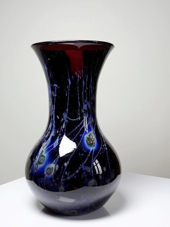 Image 1 of Large vintage purple art glass vase with silver inclusions
