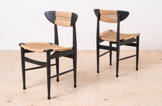 Image 1 of Set van 6 Scandinavische moderne eetkamerstoelen, met touwzitting en -rugleuning, jaren 60