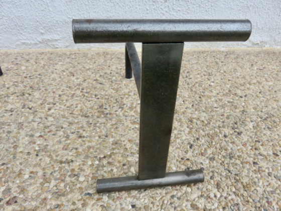 Image 1 of Pair of modernist, minimalist andirons in raw steel, France, 1960