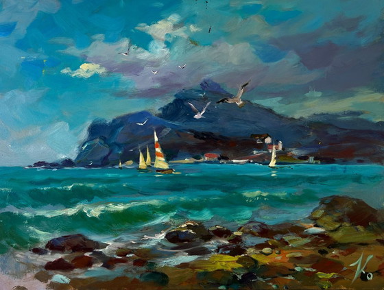 Image 1 of Original Oil Painting Summer Sea Landscape Seagulls over the waves