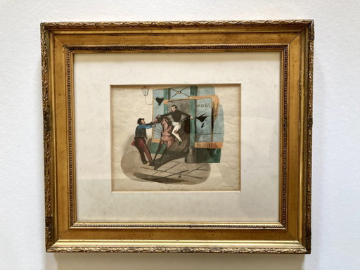 Antike Lithografie, Le Charivari, 1844, gerahmt – vergoldeter Rahmen aus dem 19. Jahrhundert