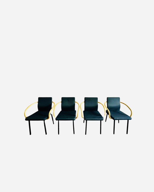 4x Mandarin Stuhl von Ettore Sottsass für Knoll, 1986 – Blauer Stoff, Armlehnen in Bambus-Optik