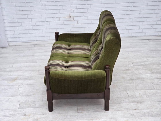 Image 1 of 1970s, Scandinavian 2-seater sofa, green furniture velour, beech wood.