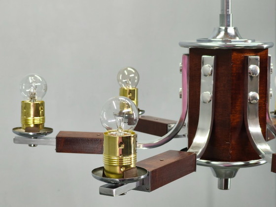 Image 1 of Art Deco Chrome and Walnut Chandelier, Czechoslovakia, 1930s