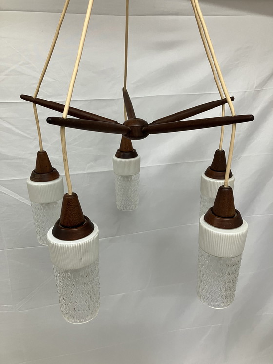 Image 1 of Vintage Scandinavian teak pendant lamp with 5 glass shades