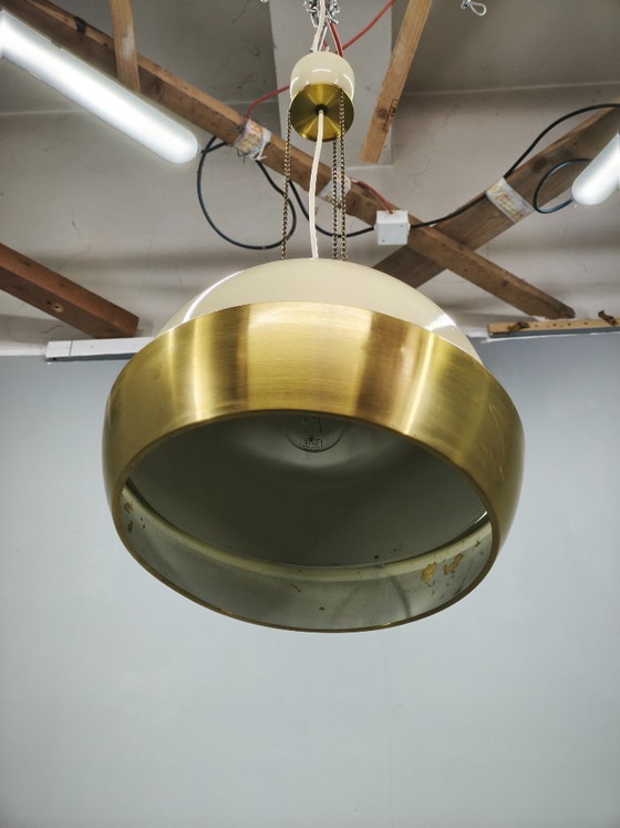 1970s NAPAKO Space Age Brass and Cream Pendant Light, Czechoslovakia – Chandeliers (photo 3 of 11)