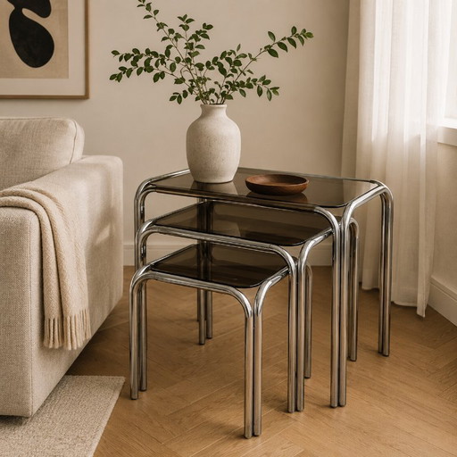 Vintage Chrome Nesting Tables with Smoked Glass | Set of 3 | Space Age Side Tables | 1970s Modernist Design