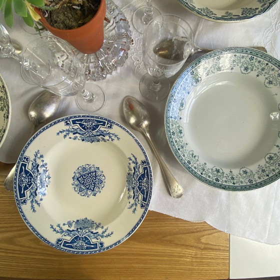 Image 1 of Set of 6 mismatched earthenware soup plates, antique Sarreguemines faience, Choisy le Roi, Longwy, Moulin des Loups