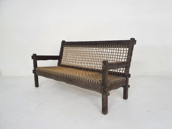 Unique solid oak and rope sofa, The Netherlands 1960's – Bankjes, Wood (photo 3 of 11)